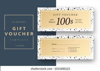 Plantilla abstracta de la tarjeta de asiento de regalo. Diseño moderno de cupón de descuento o certificado con patrón de puntos de presentación negro. Diseño de fondo brillante de la moda vectorial con texto de ejemplo de información.