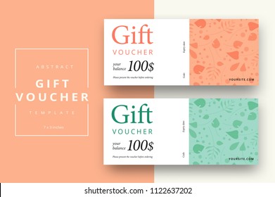 Abstract gift voucher card template. Modern discount coupon or certificate layout with geometric shape pattern. Vector fashion bright background design with information sample text.