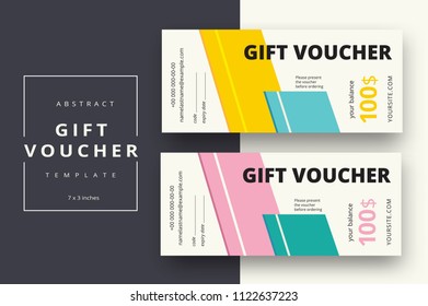 Abstract gift voucher card template. Modern discount coupon or certificate layout with geometric shape pattern. Vector fashion bright background design with information sample text.