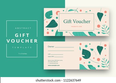 Abstract gift voucher card template. Modern discount coupon or certificate layout with geometric shape pattern. Vector fashion bright background design with information sample text.