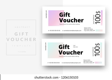 Abstract gift voucher card template. Modern discount coupon or certificate layout with geometric shape pattern. Vector fashion bright background design with information sample text.