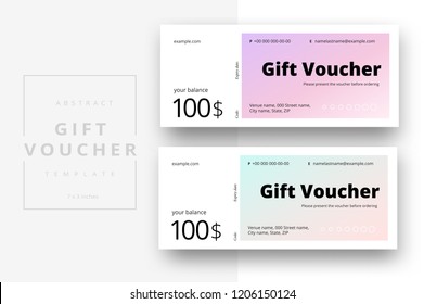 Abstract gift voucher card template. Modern discount coupon or certificate layout with geometric shape pattern. Vector fashion bright background design with information sample text.