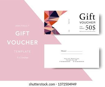 Abstract gift voucher card template. Modern discount coupon for shopping with abstract pattern. Modern fashion background design with information sample text. Coupon template for gift and shopping. 