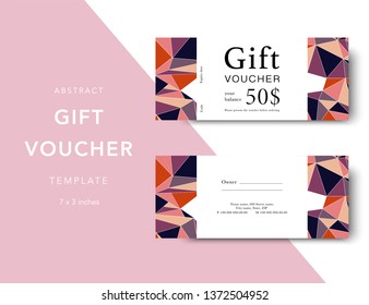 Abstract gift voucher card template. Modern discount coupon for shopping with abstract pattern. Modern fashion background design with information sample text. Coupon template for gift and shopping. 