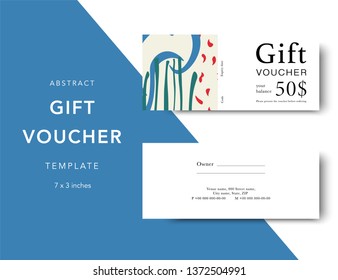 Abstract gift voucher card template. Modern discount coupon for shopping with abstract pattern. Modern fashion background design with information sample text. Coupon template for gift and shopping. 