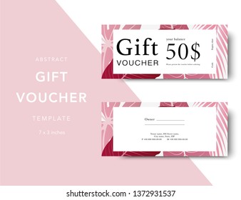 Abstract gift voucher card template. Modern discount coupon for shopping with abstract pattern. Modern fashion background design with information sample text. Coupon template for gift and shopping. 