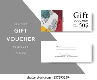 Abstract gift voucher card template. Modern discount coupon for shopping with abstract pattern. Modern fashion background design with information sample text. Coupon template for gift and shopping. 