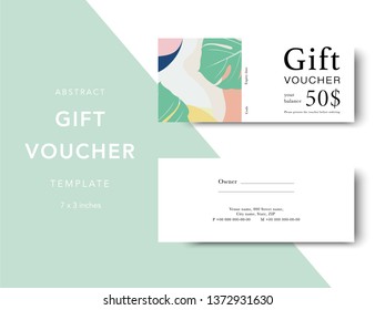 Abstract gift voucher card template. Modern discount coupon for shopping with abstract pattern. Modern fashion background design with information sample text. Coupon template for gift and shopping. 