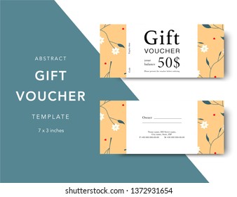 Abstract gift voucher card template. Modern discount coupon for shopping with abstract pattern. Modern fashion background design with information sample text. Coupon template for gift and shopping. 