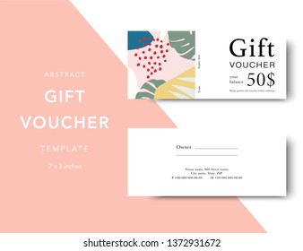 Abstract gift voucher card template. Modern discount coupon for shopping with abstract pattern. Modern fashion background design with information sample text. Coupon template for gift and shopping. 