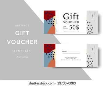 Abstract gift voucher card template. Modern discount coupon for shopping with abstract pattern. Modern fashion background design with information sample text. Coupon template for gift and shopping. 
