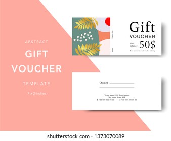 Abstract gift voucher card template. Modern discount coupon for shopping with abstract pattern. Modern fashion background design with information sample text. Coupon template for gift and shopping. 