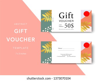 Abstract gift voucher card template. Modern discount coupon for shopping with abstract pattern. Modern fashion background design with information sample text. Coupon template for gift and shopping. 