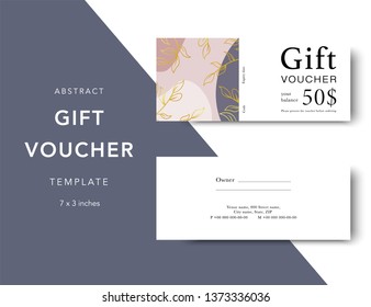 Abstract gift voucher card template. Modern discount coupon for shopping with abstract pattern. Modern fashion background design with information sample text. Coupon template for gift and shopping.