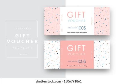 Abstract gift voucher card template. Modern discount coupon or certificate layout with geometric shape pattern. Vector fashion bright background design with information sample text.