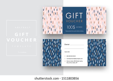 Abstract gift voucher card template. Modern discount coupon or certificate layout with geometric shape pattern. Vector fashion bright background design with information sample text.