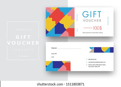 Abstract gift voucher card template. Modern discount coupon or certificate layout with geometric shape pattern. Vector fashion bright background design with information sample text.