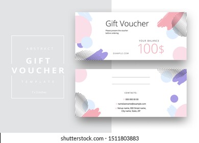 Abstract gift voucher card template. Modern discount coupon or certificate layout with geometric shape pattern. Vector fashion bright background design with information sample text.