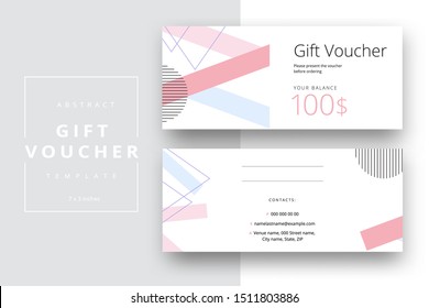 Abstract gift voucher card template. Modern discount coupon or certificate layout with geometric shape pattern. Vector fashion bright background design with information sample text.
