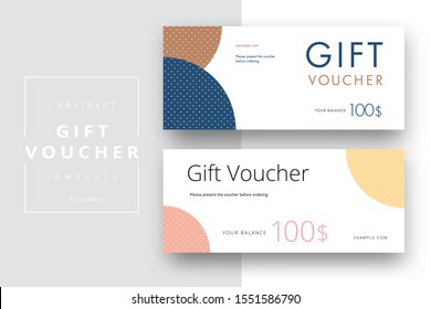 Abstract gift voucher card template. Modern discount coupon or certificate layout with geometric shape pattern. Vector fashion bright background design with information sample text.