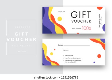 Abstract gift voucher card template. Modern discount coupon or certificate layout with geometric shape pattern. Vector fashion bright background design with information sample text.
