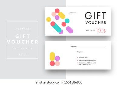 Abstract gift voucher card template. Modern discount coupon or certificate layout with geometric shape pattern. Vector fashion bright background design with information sample text.