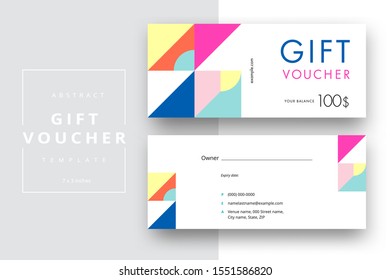 Abstract gift voucher card template. Modern discount coupon or certificate layout with geometric shape pattern. Vector fashion bright background design with information sample text.