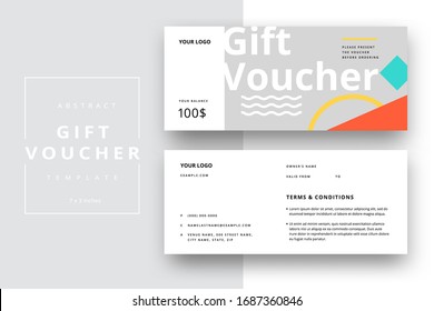 Plantilla abstracta de la tarjeta de vales de regalo. Diseño moderno de cupón de descuento o certificado con un patrón de forma geométrica. Diseño de fondo brillante de la moda vectorial con texto de ejemplo de información.