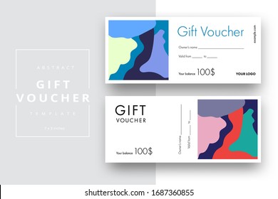 Abstract gift voucher card template. Modern discount coupon or certificate layout with geometric shape pattern. Vector fashion bright background design with information sample text.