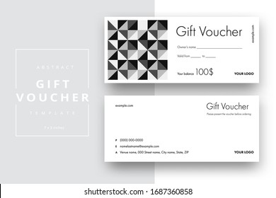 Abstrakte Geschenkgutscheine-Vorlage. Moderner Rabattcoupon oder Zertifikatslayout mit geometrischem Formmuster. Vektorillustration beweist helles Hintergrunddesign mit Beispieltext.