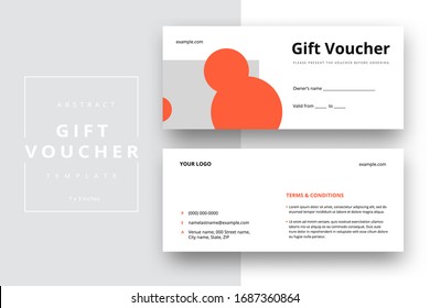 Abstract gift voucher card template. Modern discount coupon or certificate layout with geometric shape pattern. Vector fashion bright background design with information sample text.