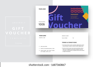 Abstract gift voucher card template. Modern discount coupon or certificate layout with geometric shape pattern. Vector fashion bright background design with information sample text.