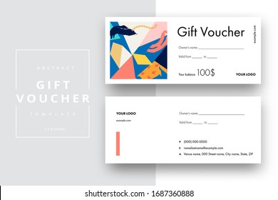 Abstract gift voucher card template. Modern discount coupon or certificate layout with geometric shape pattern. Vector fashion bright background design with information sample text.