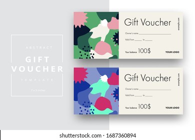 Abstract gift voucher card template. Modern discount coupon or certificate layout with geometric shape pattern. Vector fashion bright background design with information sample text.