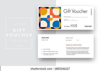 Abstract gift voucher card template. Modern discount coupon or certificate layout with geometric shape pattern. Vector fashion bright background design with information sample text.