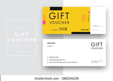 Abstract gift voucher card template. Modern discount coupon or certificate layout with geometric shape pattern. Vector fashion bright background design with information sample text.
