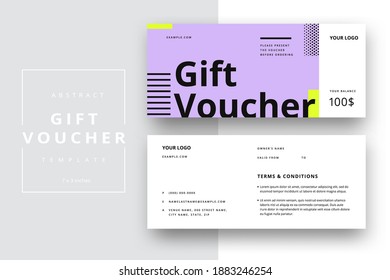 Abstract gift voucher card template. Modern discount coupon or certificate layout with geometric shape pattern. Vector fashion bright background design with information sample text.