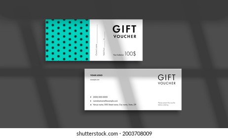 Abstract gift voucher card template. Modern discount coupon or certificate layout with geometric shape pattern. Vector fashion bright background design with information sample text.