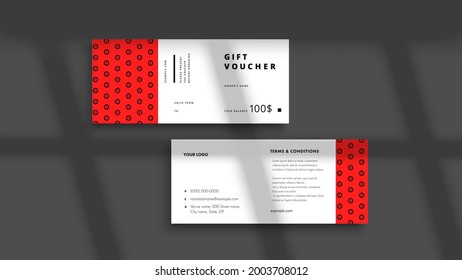 Abstrakte Geschenkgutscheine-Vorlage. Moderner Rabattcoupon oder Zertifikatslayout mit geometrischem Formmuster. Vektorgrafik, helles Hintergrunddesign mit Beispieltext für Informationen.