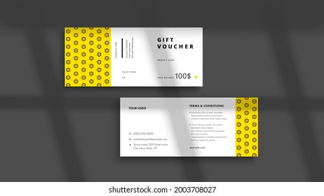 Abstract gift voucher card template. Modern discount coupon or certificate layout with geometric shape pattern. Vector fashion bright background design with information sample text.