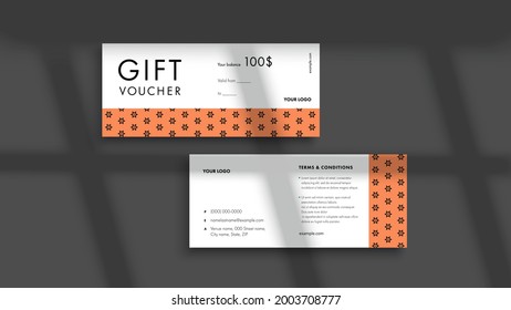 Abstract gift voucher card template. Modern discount coupon or certificate layout with geometric shape pattern. Vector fashion bright background design with information sample text.