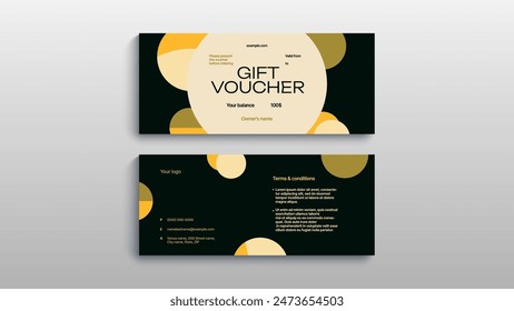 Abstract gift voucher card template. Modern discount coupon or certificate layout with geometric shape pattern. Vector fashion bright background design with information sample text.