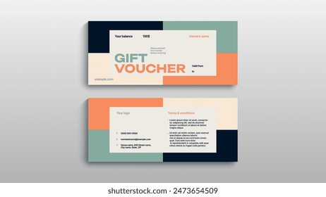 Abstract gift voucher card template. Modern discount coupon or certificate layout with geometric shape pattern. Vector fashion bright background design with information sample text.