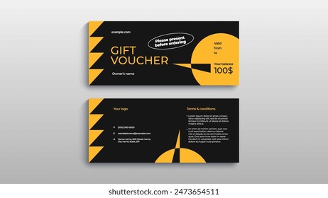 Abstract gift voucher card template. Modern discount coupon or certificate layout with geometric shape pattern. Vector fashion bright background design with information sample text.