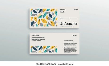 Abstract gift voucher card template. Modern discount coupon or certificate layout with geometric shape pattern. Vector fashion bright background design with information sample text.