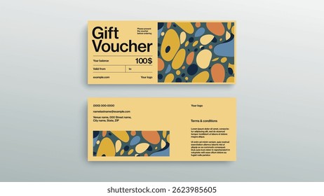 Abstract gift voucher card template. Modern discount coupon or certificate layout with geometric shape pattern. Vector fashion bright background design with information sample text