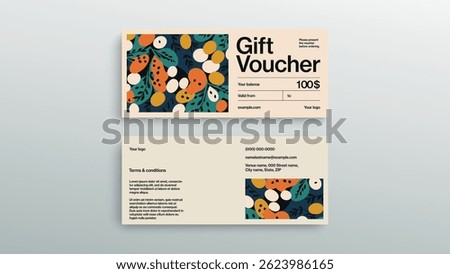 Abstract gift voucher card template. Modern discount coupon or certificate layout with geometric shape pattern. Vector fashion bright background design with information sample text