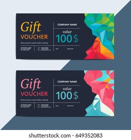 Abstract gift voucher or leaflet on low poly layout. Creative vector discount coupon template. Modern geometric background for sale certificate.