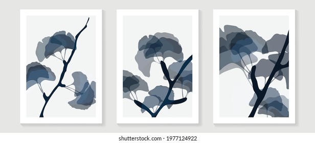 Abstract gingko leaves vector arts background. Wall art design with watercolor and transparency vector effect. Floral and leaves wall decoration.