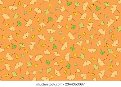 Abstract of Ginkgo biloba leaves with fruit on orange background.